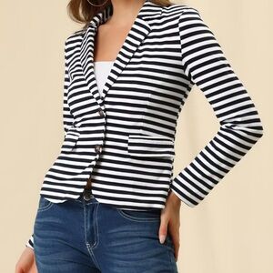 Allegra K Black and White Striped Blazer
